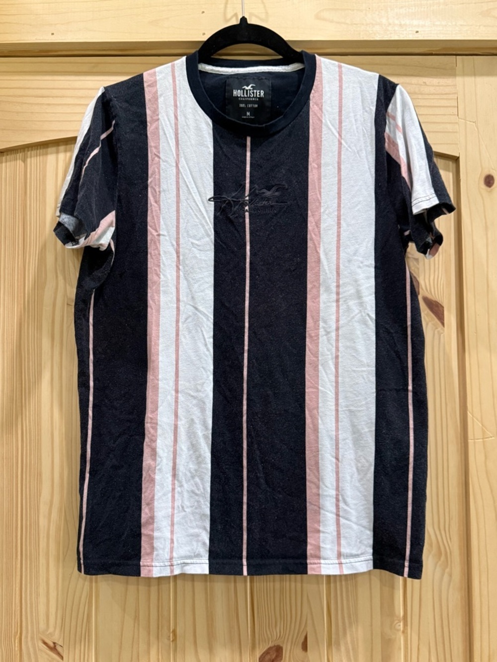 Hollister Mens Vertical Stripe Crewneck T-Shirt Black White Pink Logo Size M